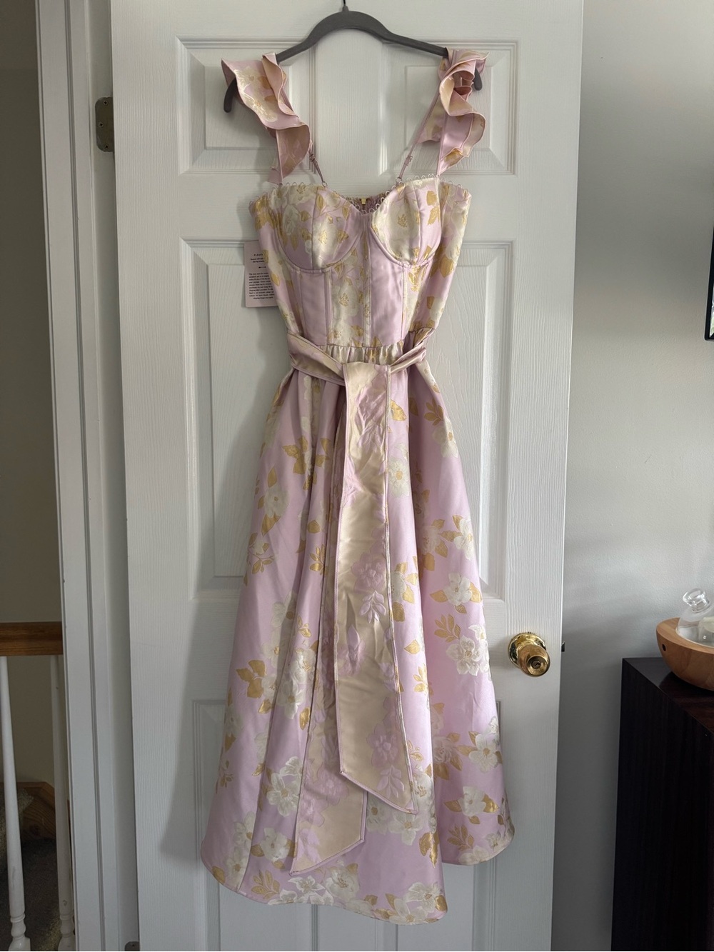 V. Chapman Pink and Gold Floral Midi Dress with Ruffle Straps